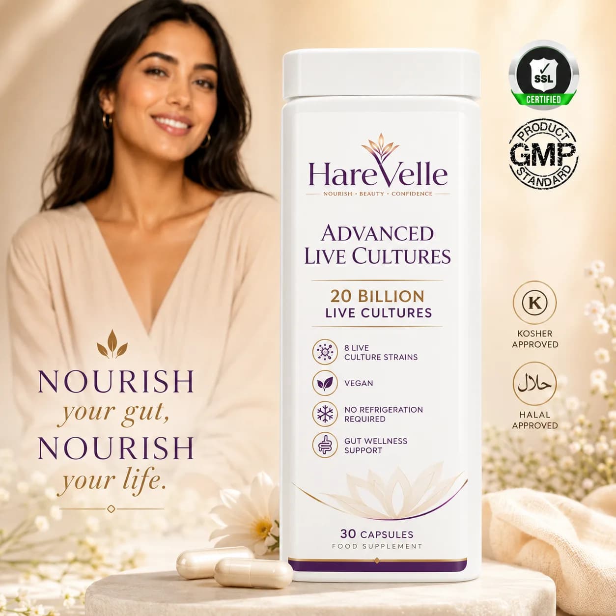 Front of the Advanced Live Cultures 30-capsule pack with gut wellness design