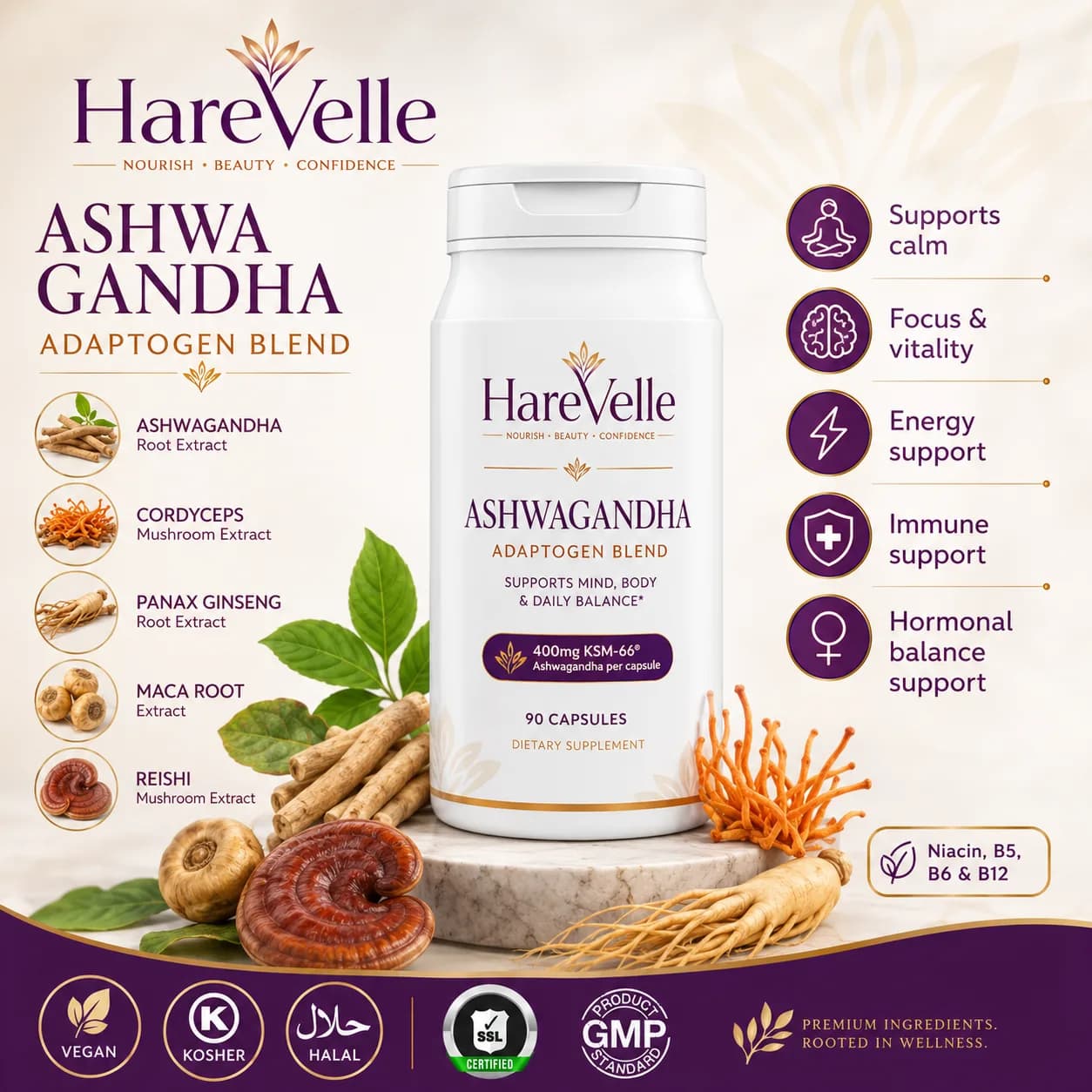 Ashwagandha Adaptogen Blend usage panel with directions and suitability information