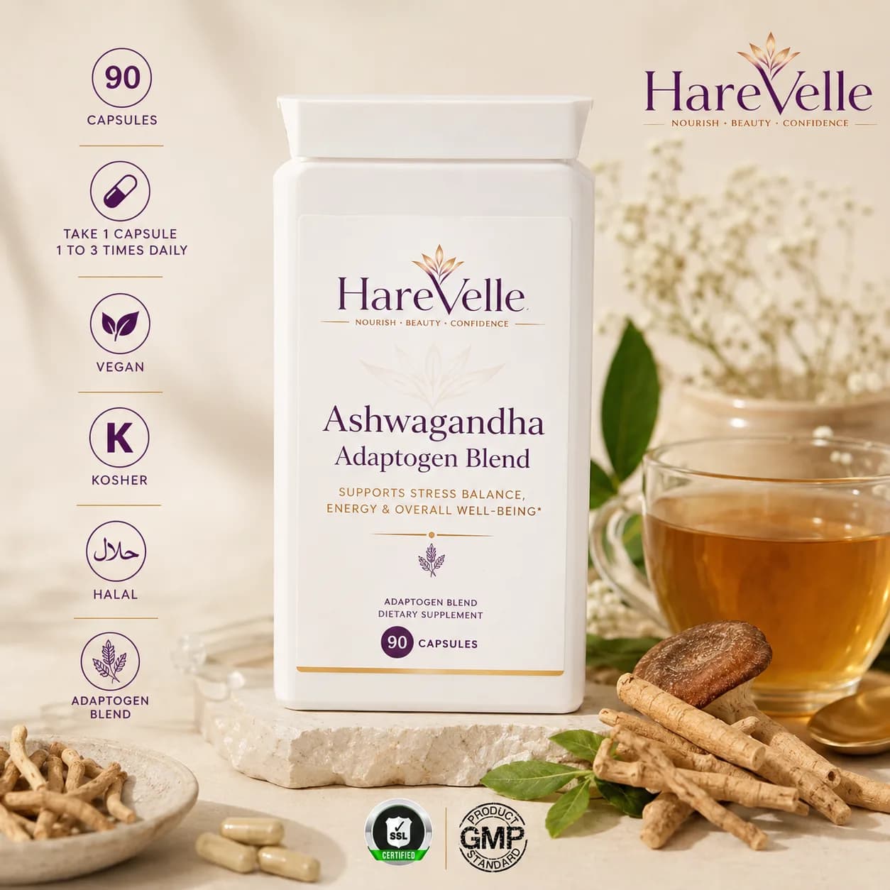 Ashwagandha Adaptogen Blend with botanical ingredient callouts and benefits