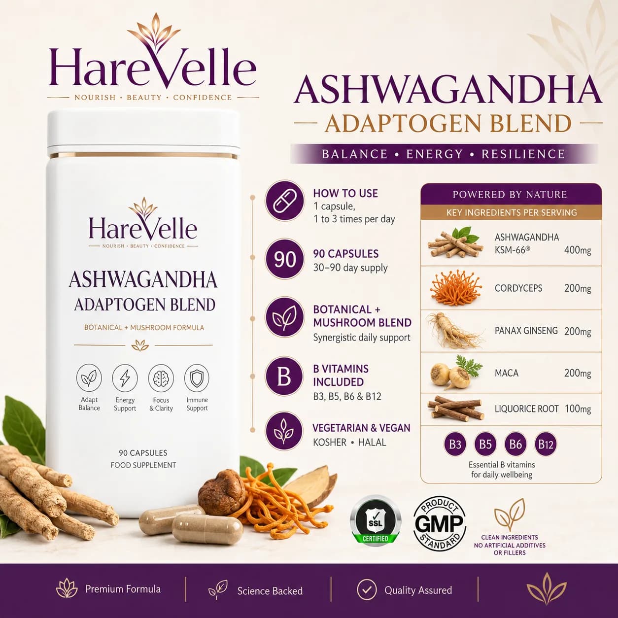 Ashwagandha Adaptogen Blend details panel with capsule count and suitability