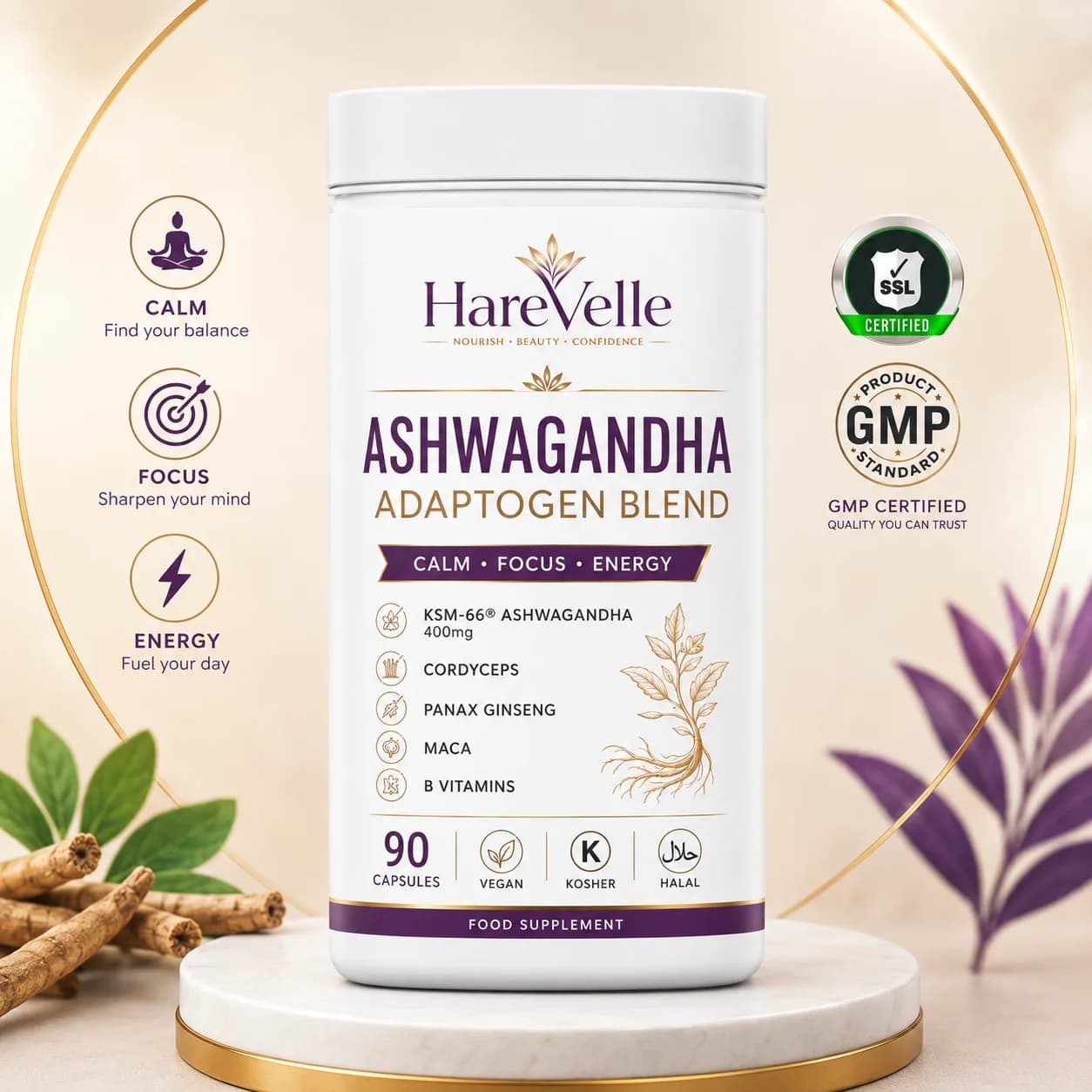 Front of the Ashwagandha Adaptogen Blend 90-capsule pack with calm evening wellness design