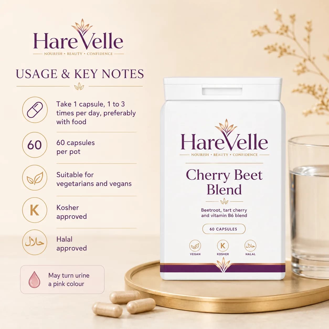 Cherry Beet Blend usage panel with directions, suitability information and product notes beside the pack