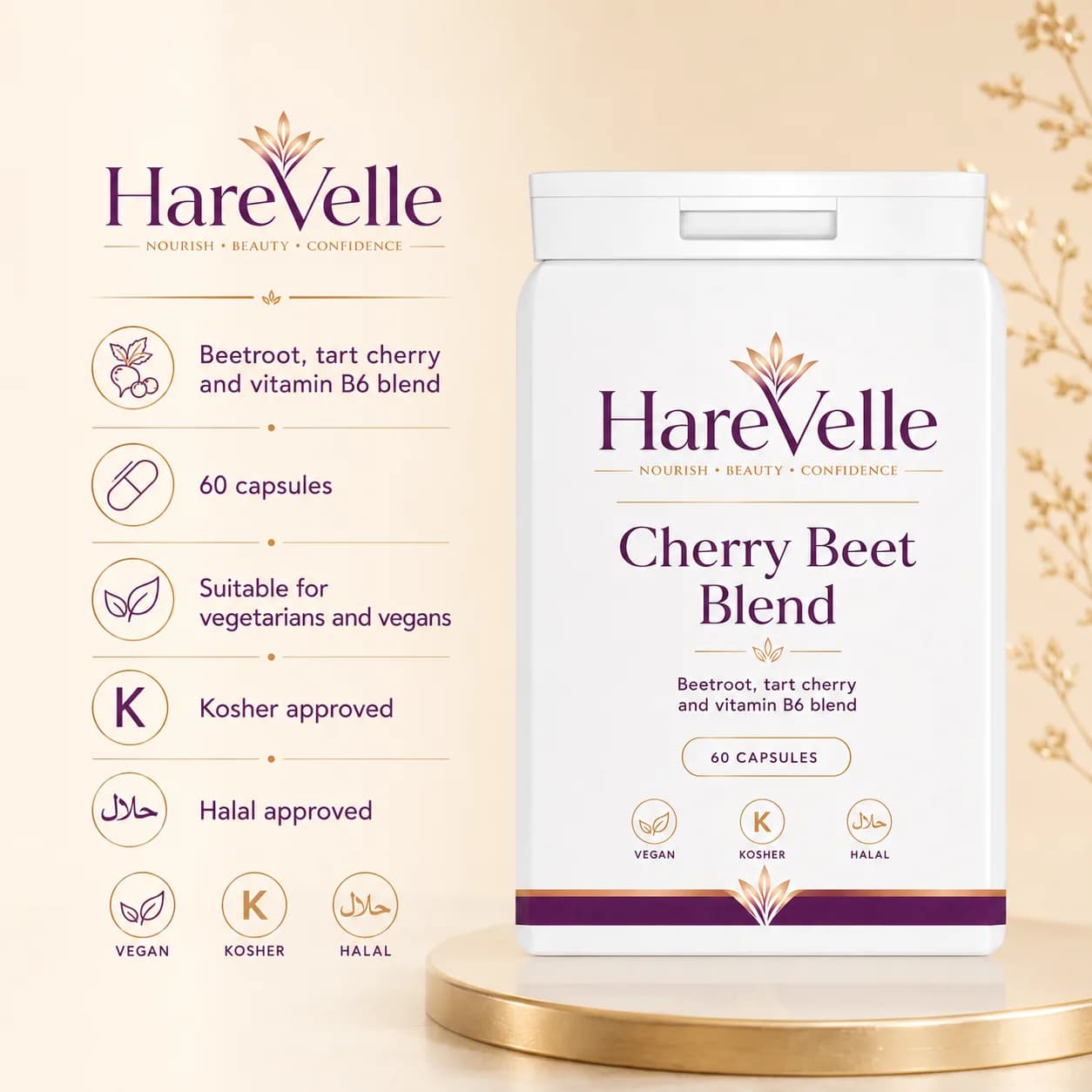 Cherry Beet Blend details panel with capsule count and suitability information beside the pack