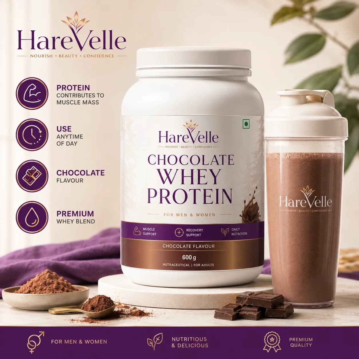 Chocolate Whey Protein details panel with serving size and specifications