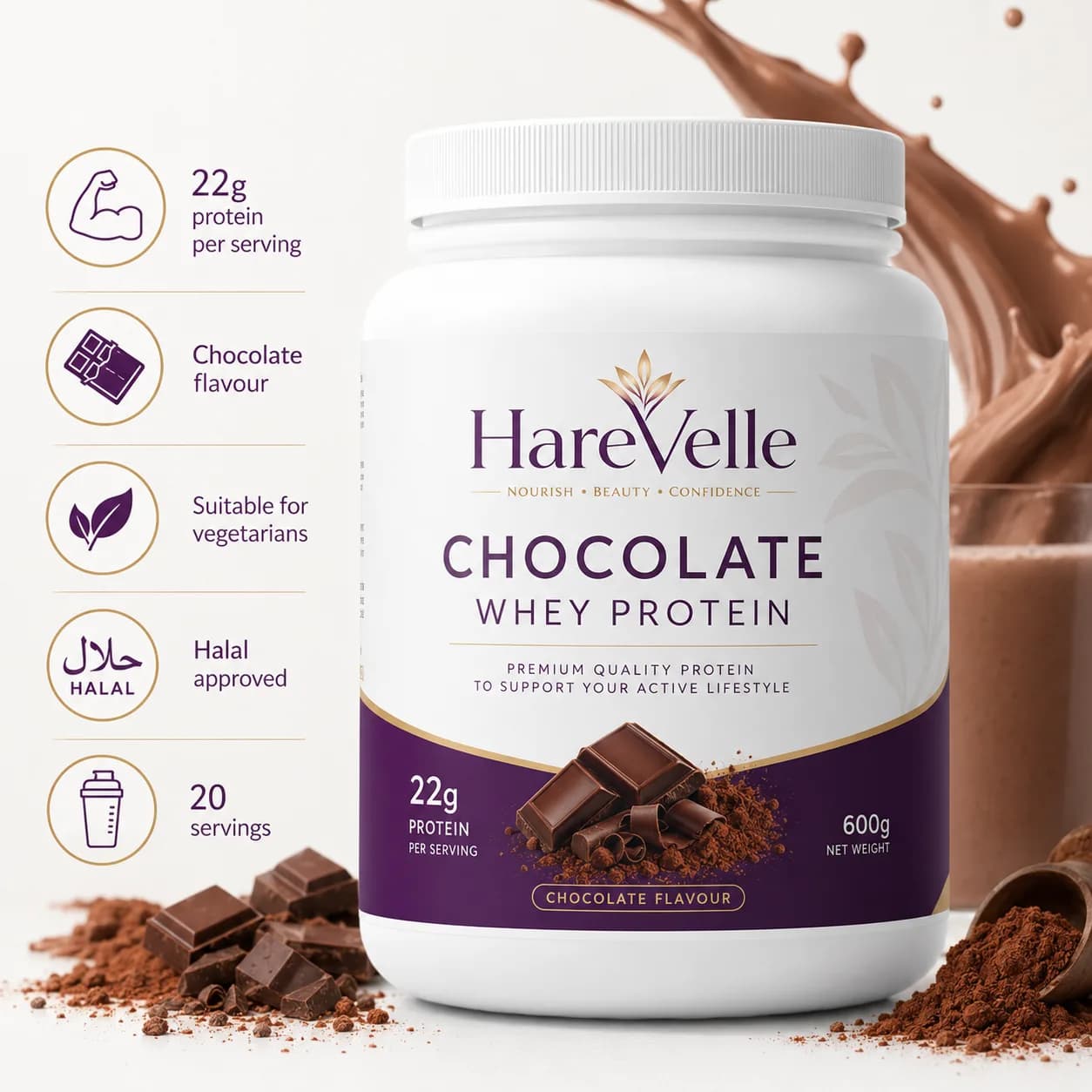 Front of the Chocolate Whey Protein 600g powder pouch with chocolate flavour design