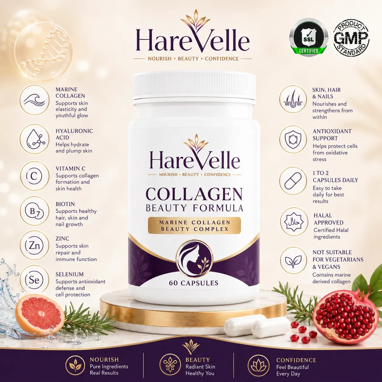 Collagen Beauty Formula with collagen ingredient callouts and capsule details