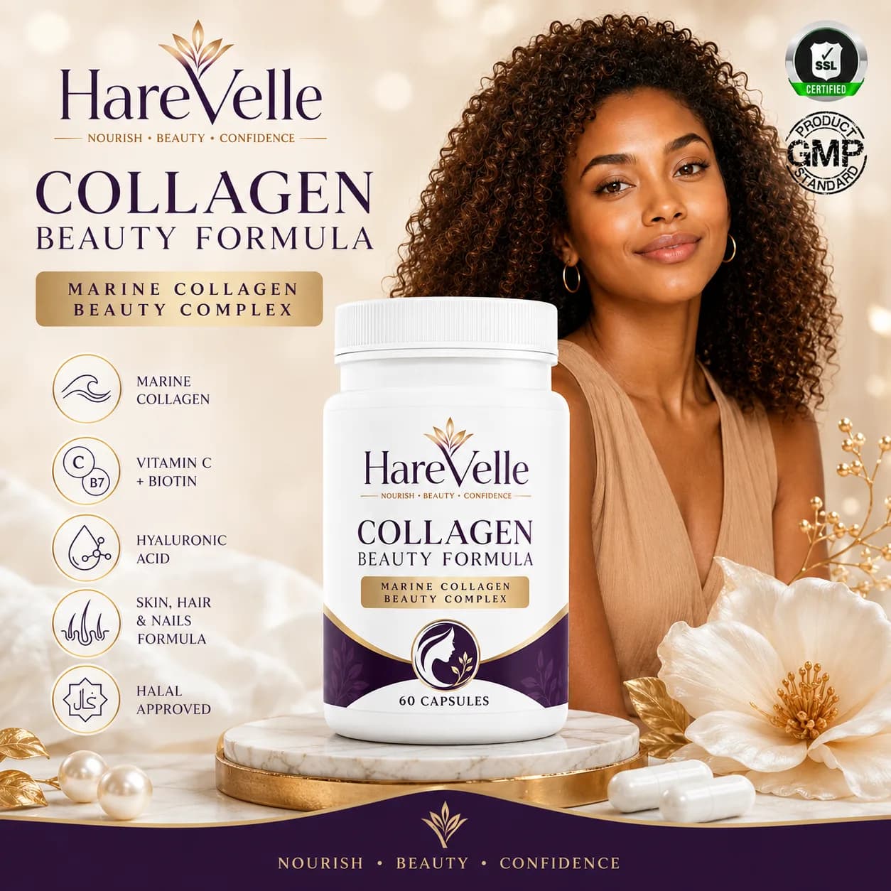 Collagen Beauty Formula details panel with capsule count and product specifications