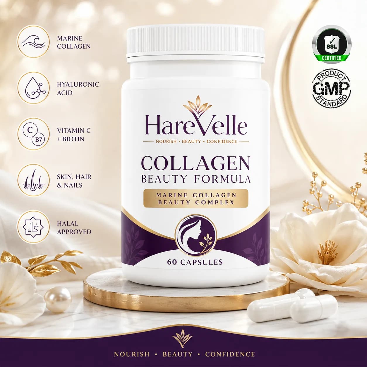 Front of the Collagen Beauty Formula 60-capsule pack with beauty supplement design