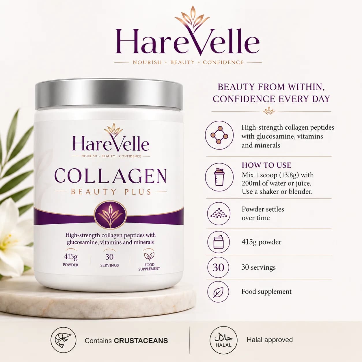Collagen Beauty Plus tub beside mixing directions, serving information and allergen details