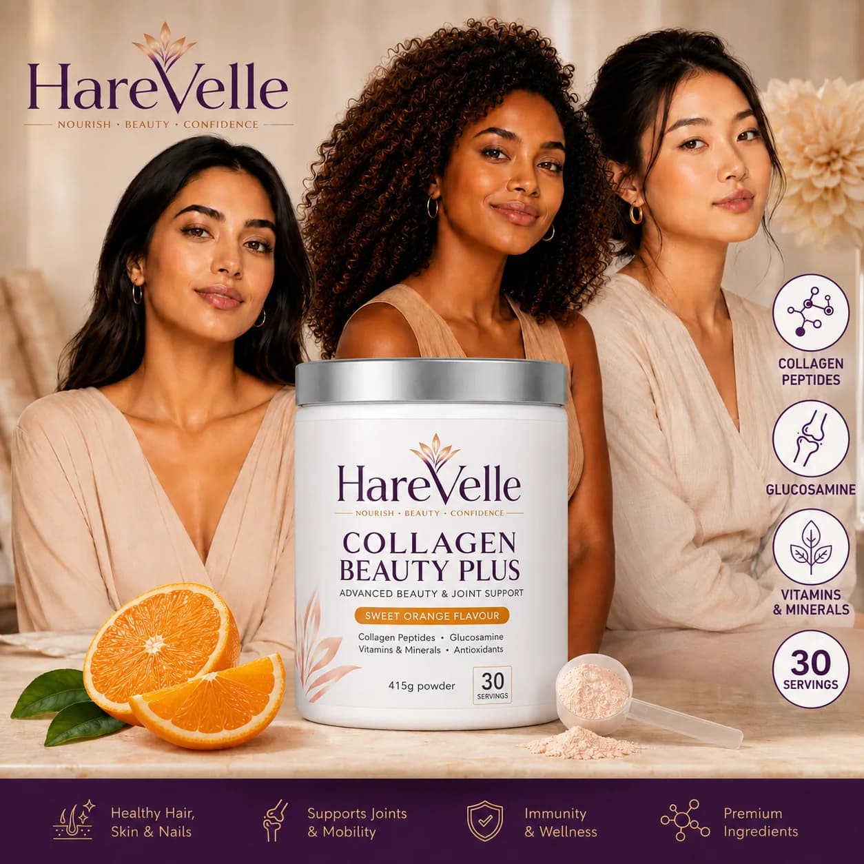 Collagen Beauty Plus tub with formula ingredient callouts beside a woman