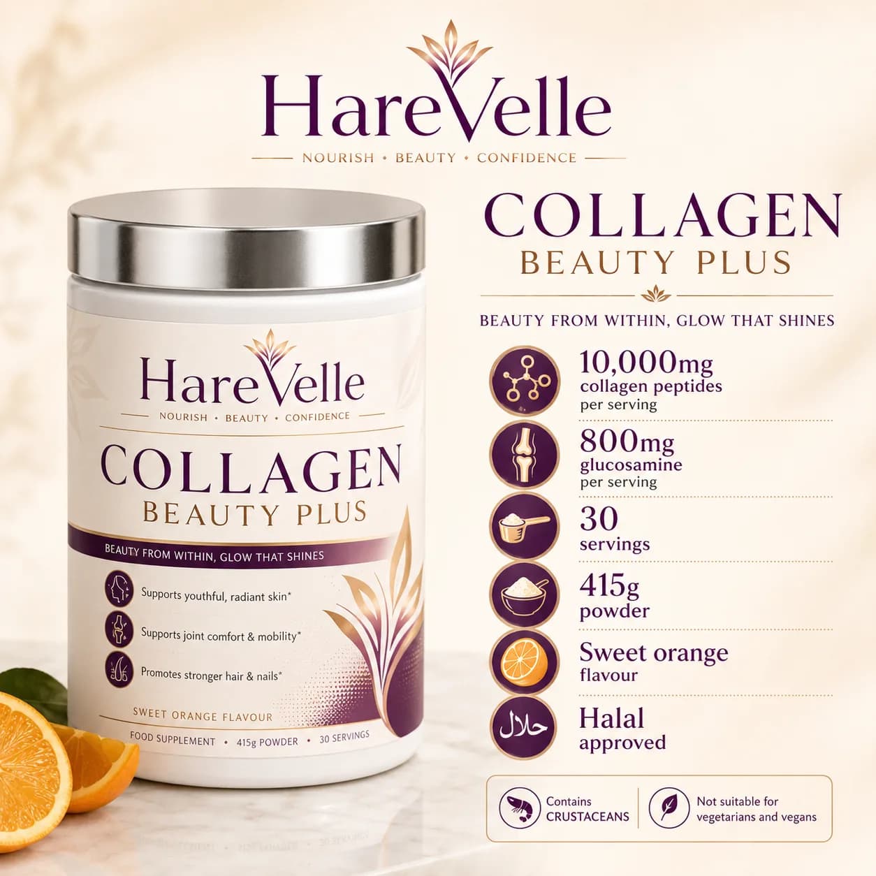 Collagen Beauty Plus tub with sweet orange imagery, ingredient amounts and pack details