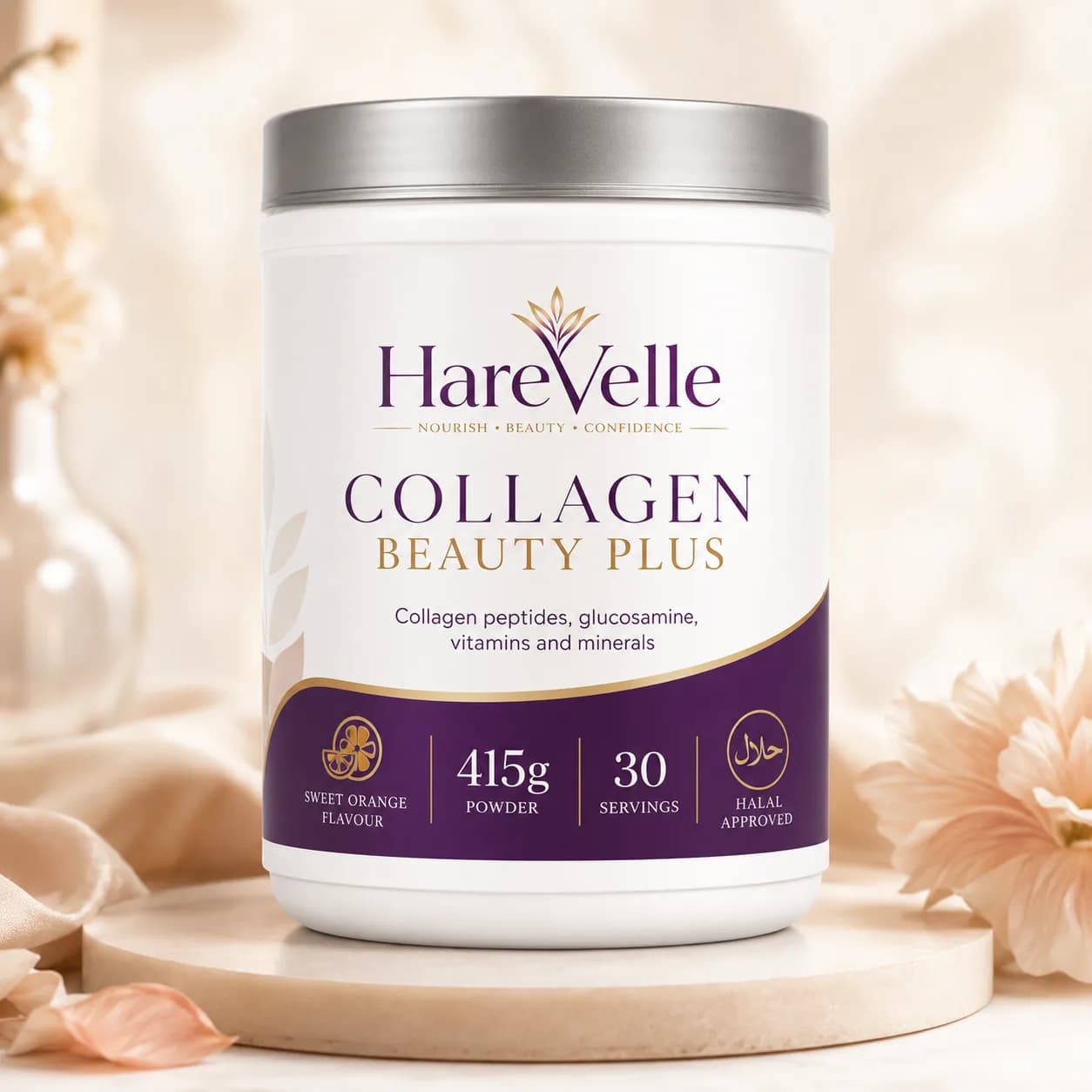 Front view of the HareVelle Collagen Beauty Plus sweet orange powder tub with 30 servings
