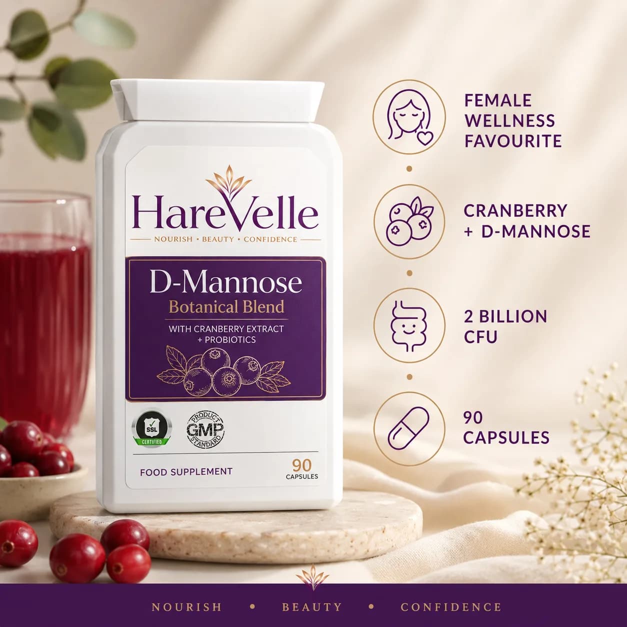 D-Mannose Botanical Blend details panel with capsule count and suitability