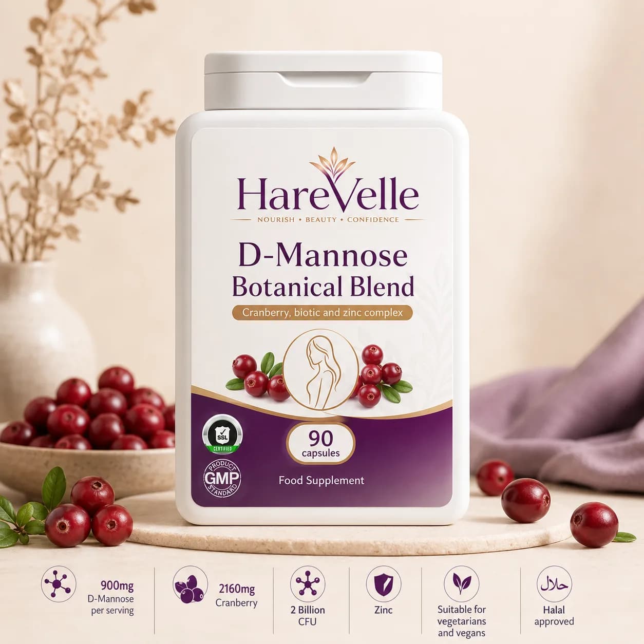 Front of the D-Mannose Botanical Blend 90-capsule pack with botanical imagery