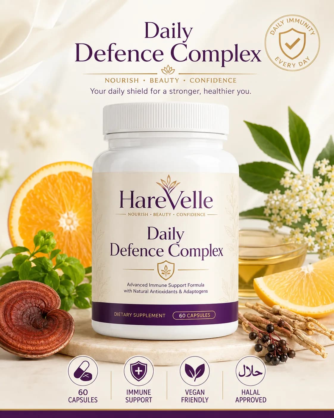 Front of the Daily Defence Complex 60-capsule pack with immunity complex design