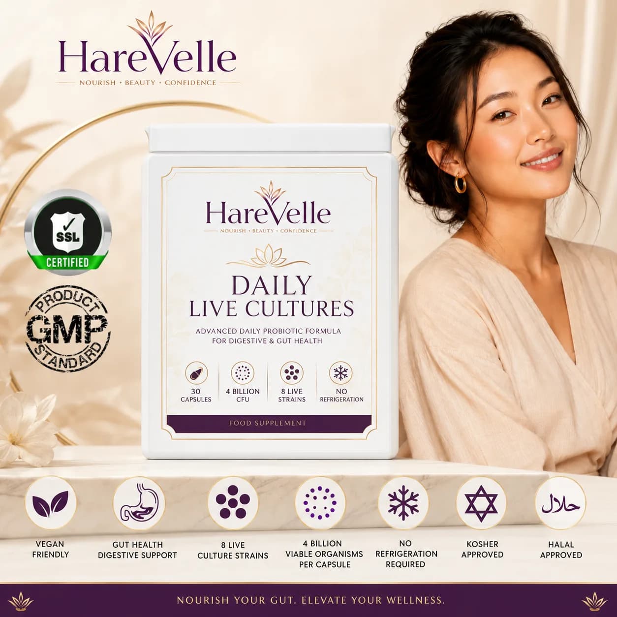 Front of the Daily Live Cultures 30-capsule pack with gut wellness imagery