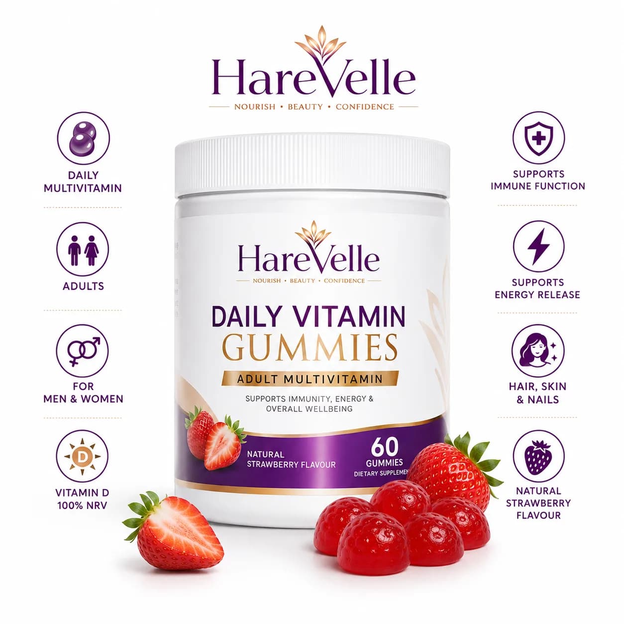 Daily Vitamin Gummies with ingredient callouts and vitamin details