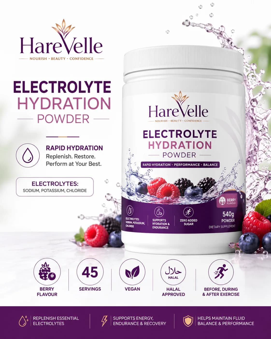 Front of the Electrolyte Hydration Powder 540g pouch with hydration design