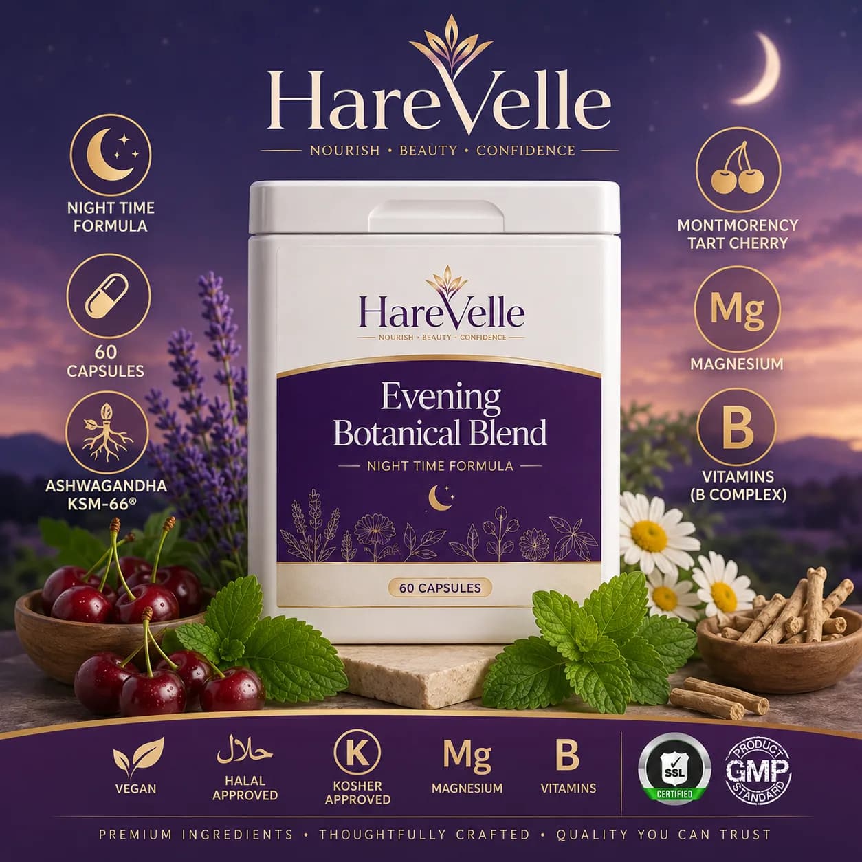Evening Botanical Blend directions and suitability information panel