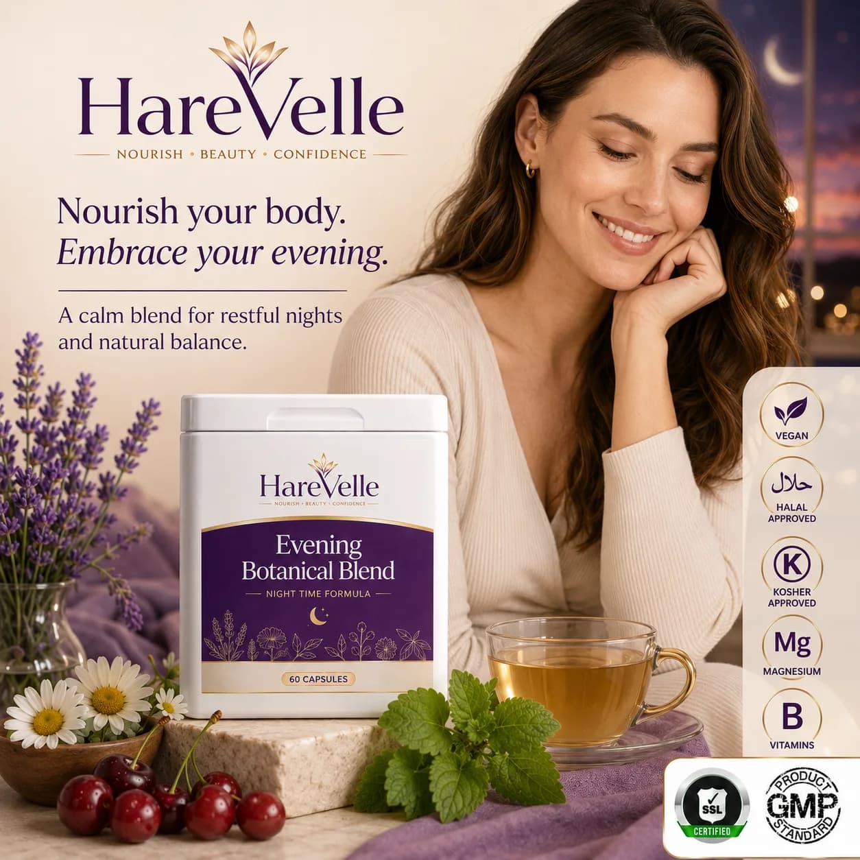 Evening Botanical Blend with botanical ingredient callouts and evening wellness benefits
