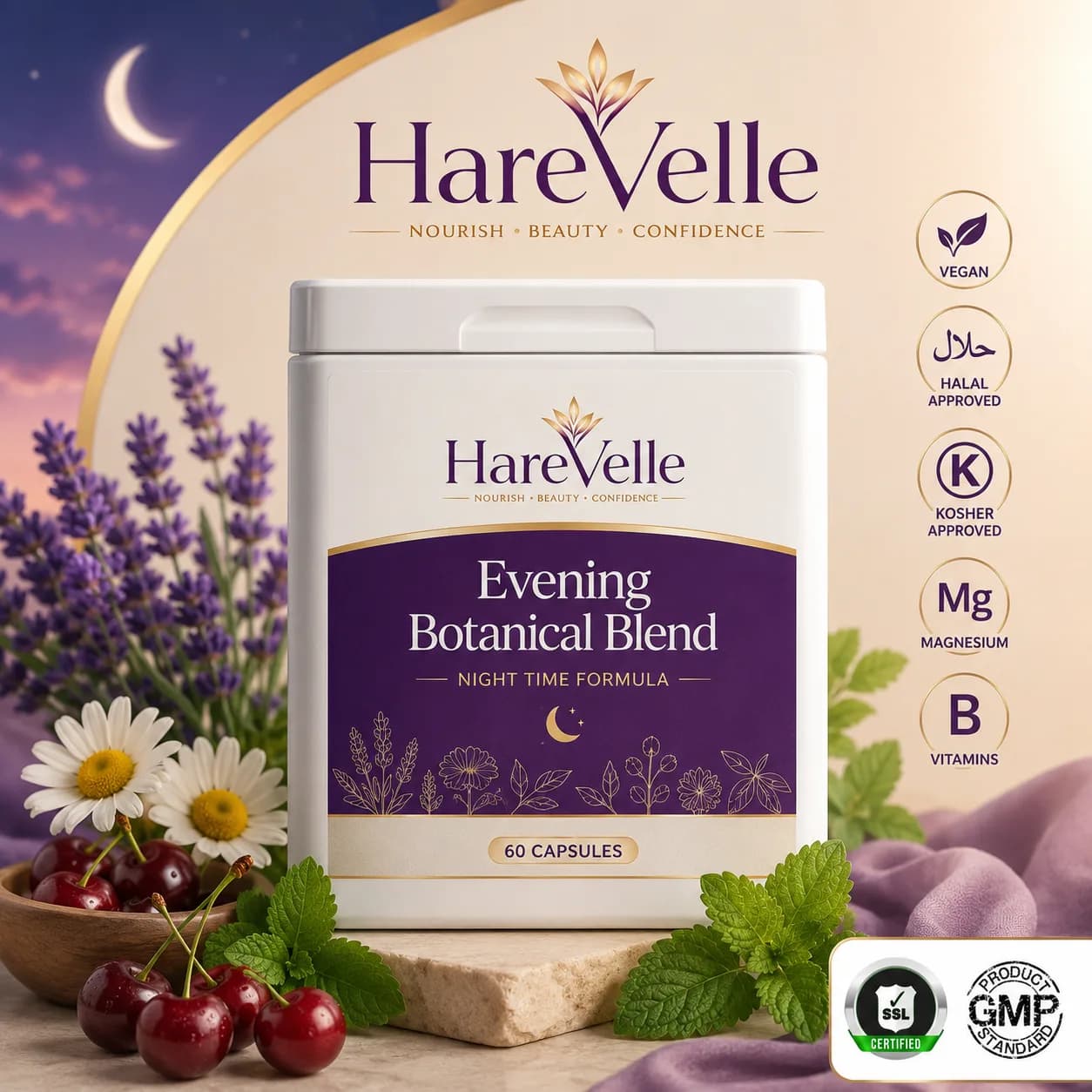 Front of the Evening Botanical Blend 60-capsule pack with calm evening design