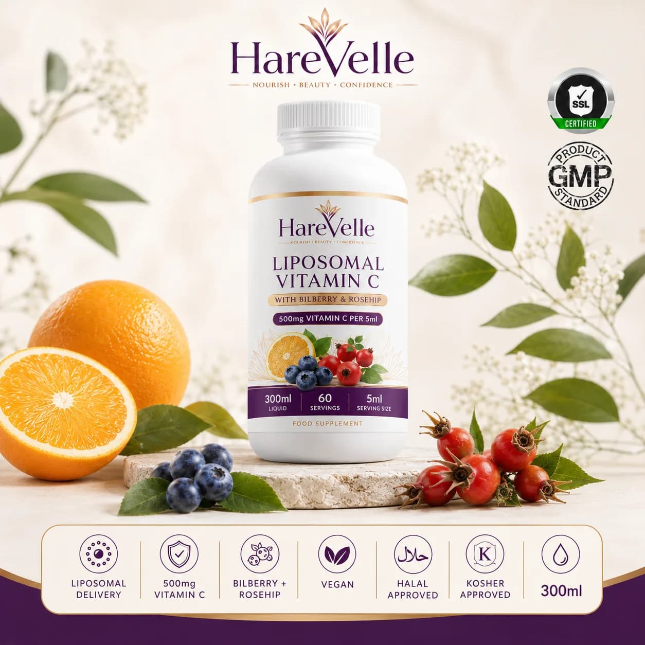 Liposomal Vitamin C ingredient and supplement facts panel