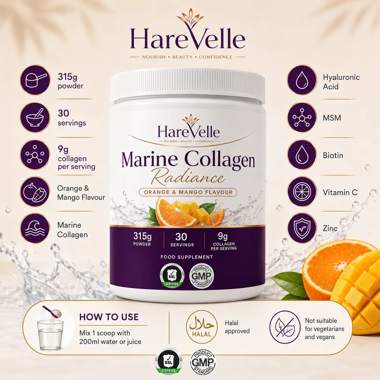 Marine Collagen Radiance with ingredient callouts and collagen benefits