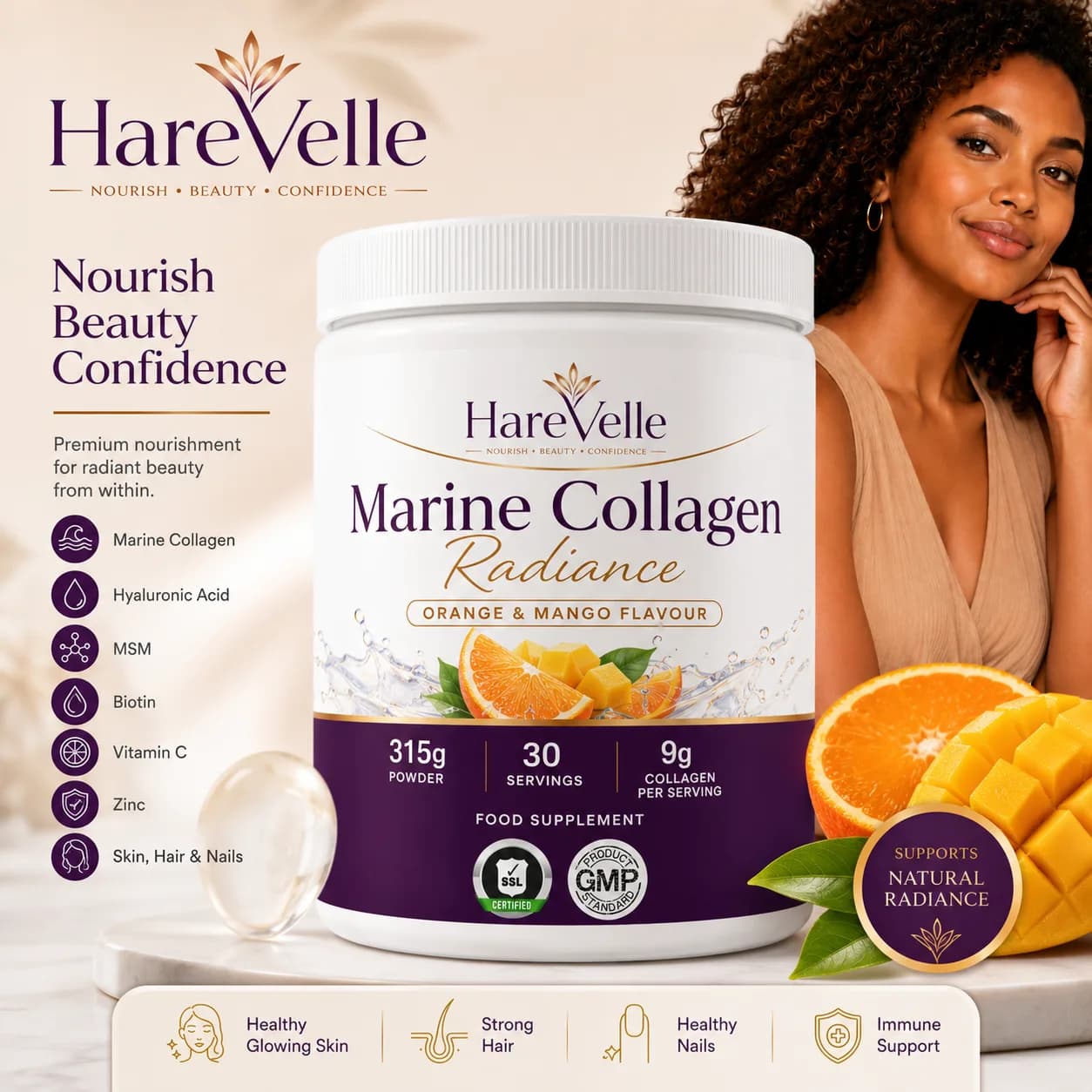 Front of the Marine Collagen Radiance 315g powder tub with beauty imagery