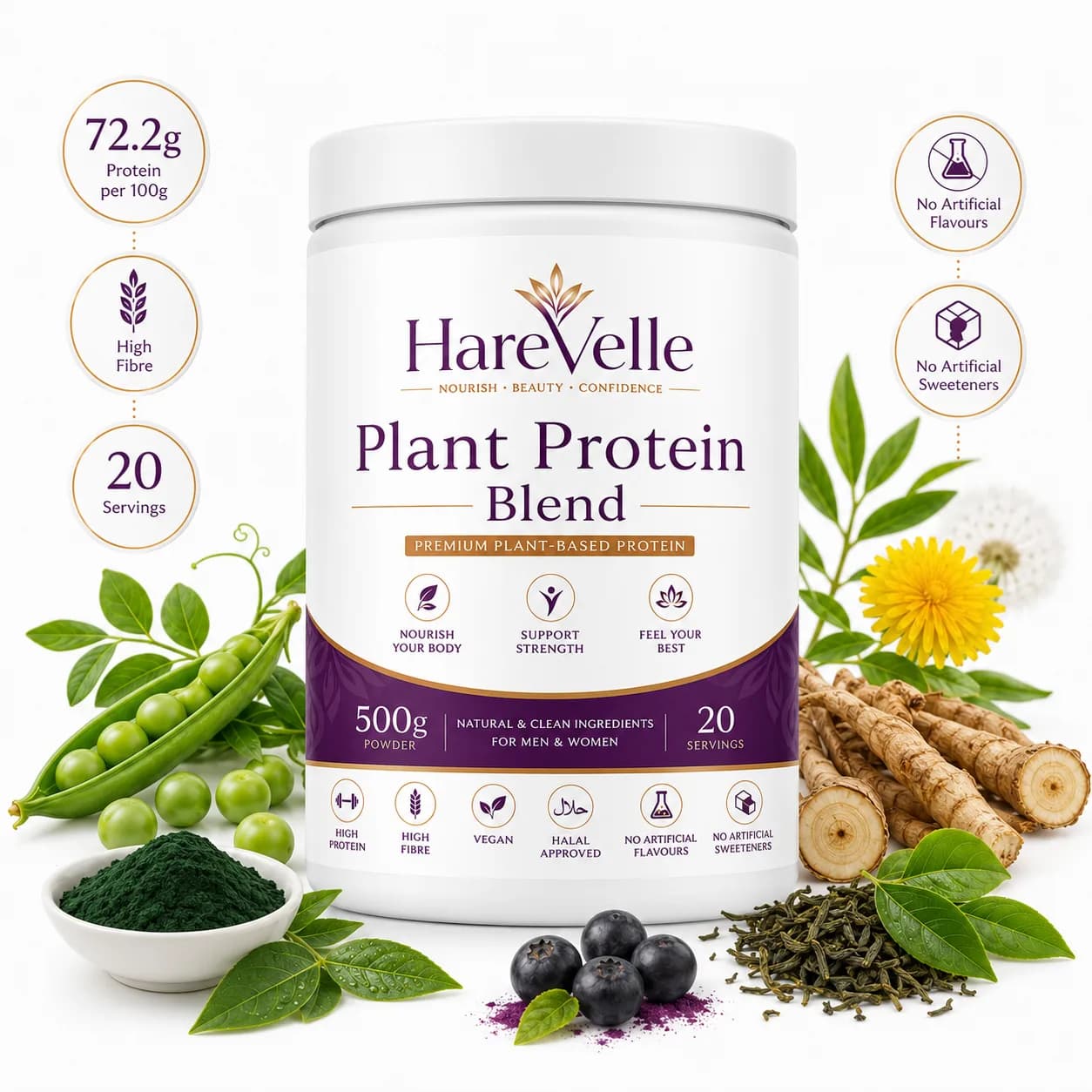 Plant Protein Blend with protein ingredient callouts and nutritional details