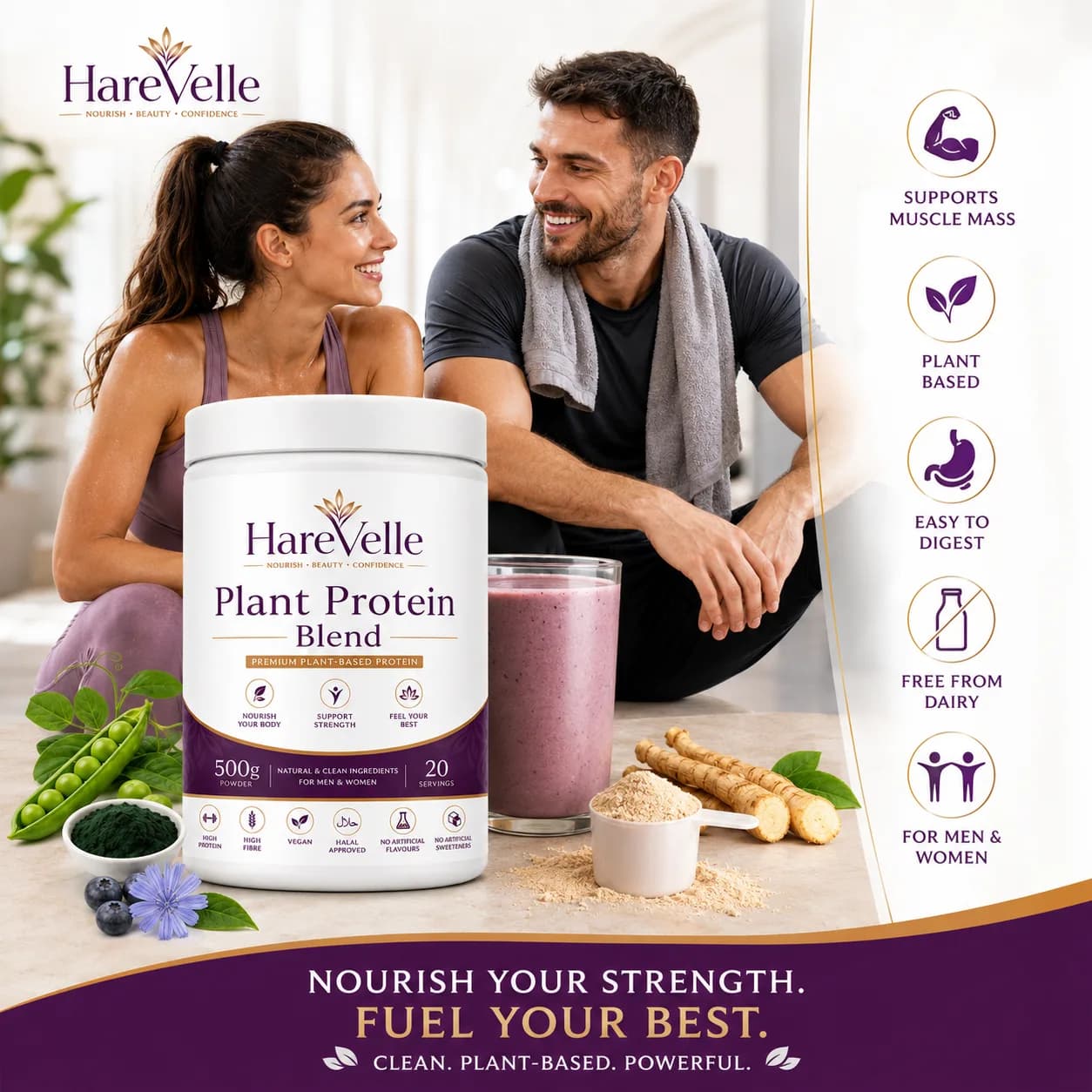 Plant Protein Blend details panel with serving size and specifications