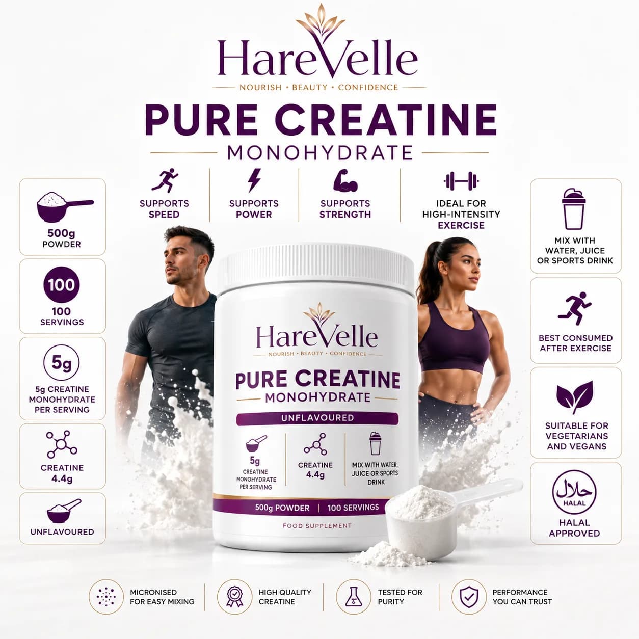 Pure Creatine Monohydrate with ingredient callouts and nutrition details