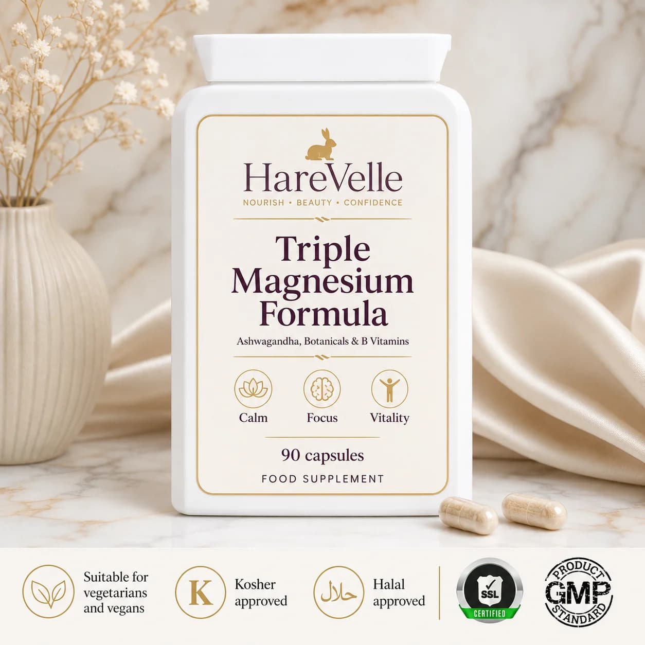 Triple Magnesium Formula 90-capsule pack with calm, focus and vitality details