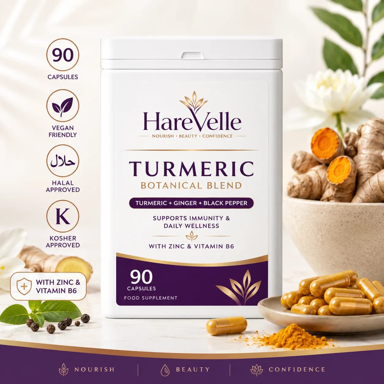 Front of the Turmeric Botanical Blend 90-capsule pack with turmeric design