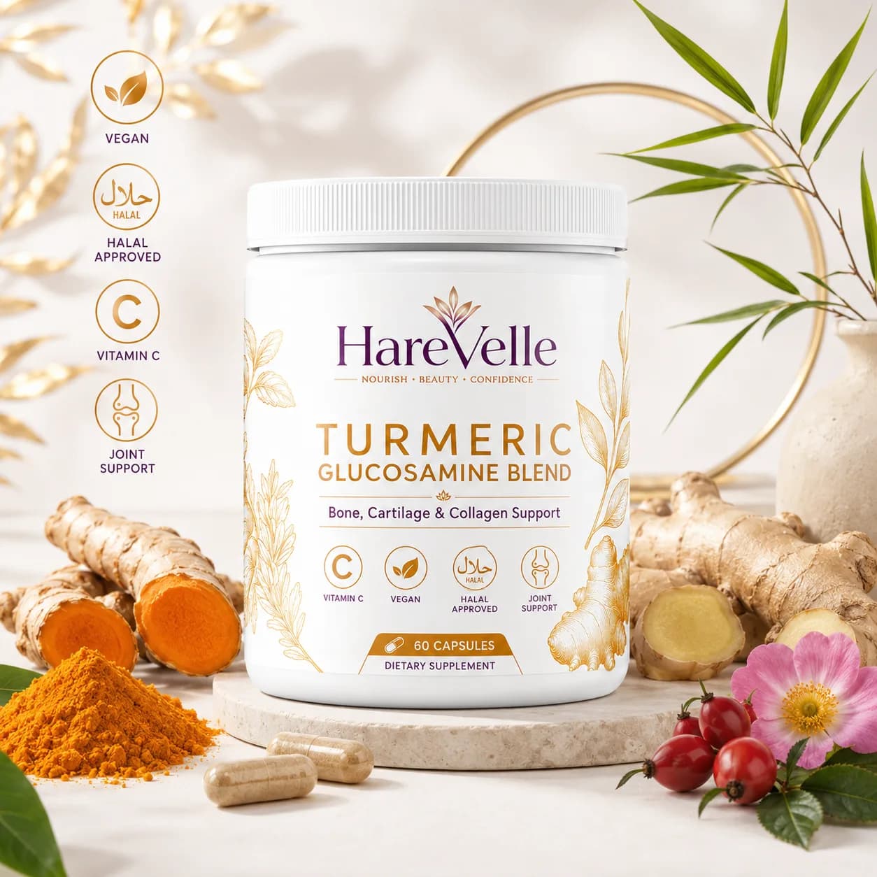 Turmeric Glucosamine Blend details panel with capsule count and specifications