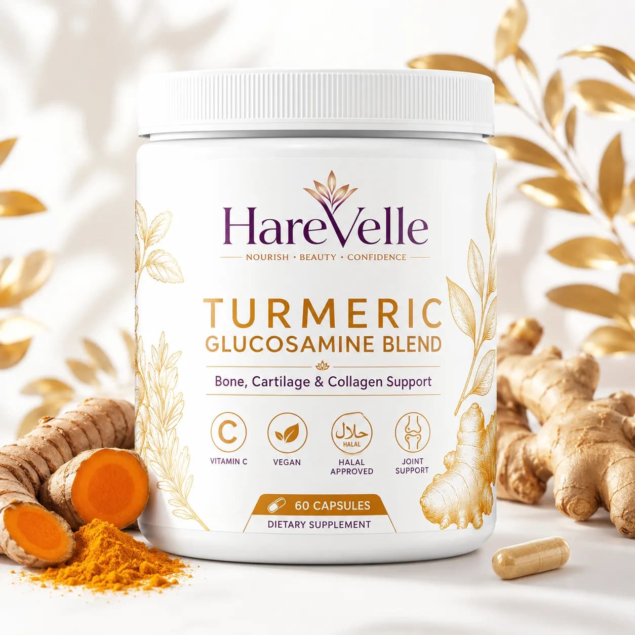 Front of the Turmeric Glucosamine Blend 60-capsule pack with active lifestyle design