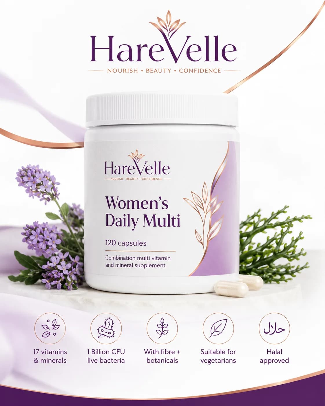 Front of the Women’s Daily Multi 120-capsule pack with multivitamin design